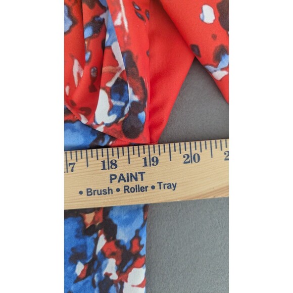 Abstract Print Shift Dress M Red Blue V Neck Button Front 3/4 Sleeve - Picture 5 of 6